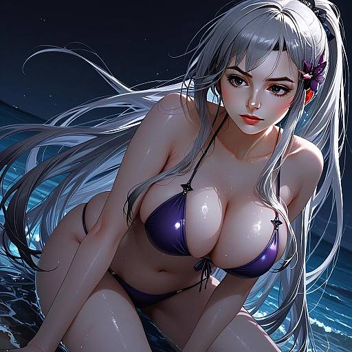 Anime Style Woman in Purple Bikini at Moonlit Beach Dunkerque Azur Lane