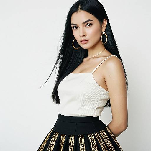 Elegant Young Woman in White Top and Black Gold Patterned Skirt