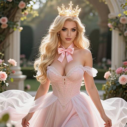Elegant Blonde Woman in Pink Princess Gown with Golden Crown in Garden