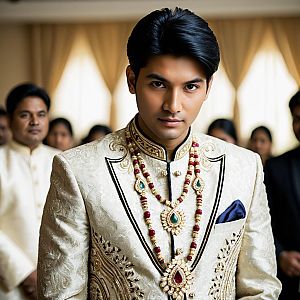 Indian Groom in Embroidered White Sherwani with Traditional Jewelry
