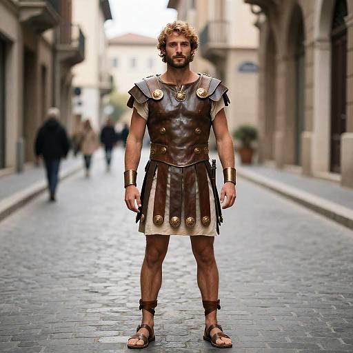 Man in Roman Soldier Costume Standing on Historic Cobblestone Street