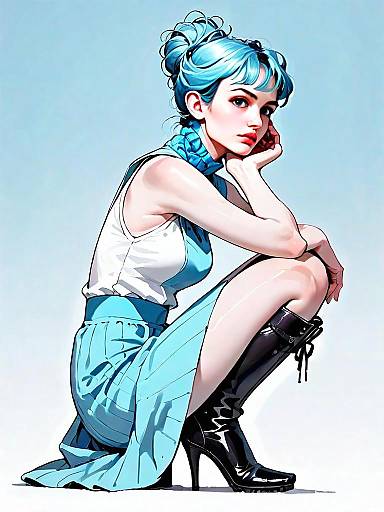 Realistic Comic Style Full Body Portrait of Blue Haired Woman in Stylish Outfit