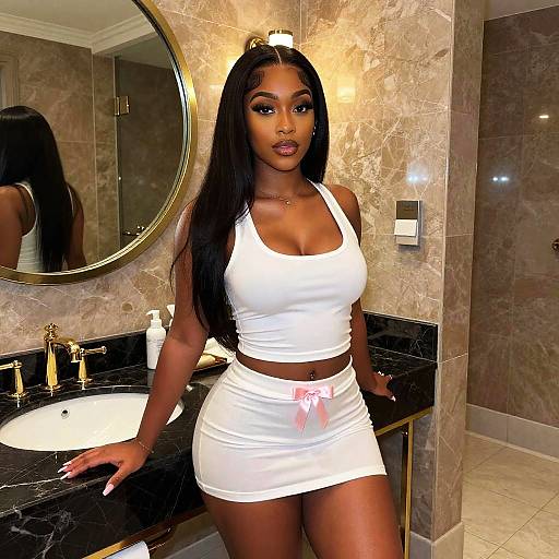 Stylish Woman in White Outfit Posing in Luxury Bathroom