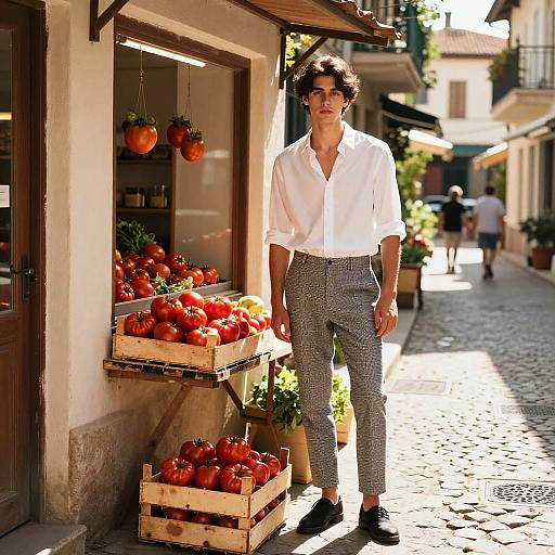 Young Man in Stylish Outfit by Tomato Market in Sunlit Alley
