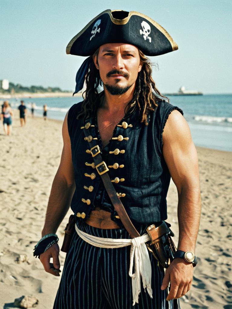 Man in Sleeveless Pirate Costume Photorealistic Outdoor Portrait on Beach
