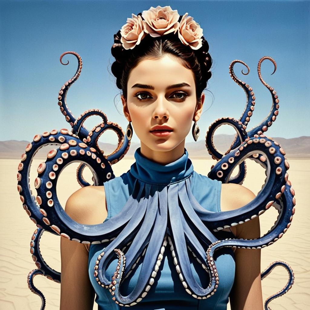 Surreal Portrait of Woman with Octopus Tentacle Dress and Floral Headpiece in Desert