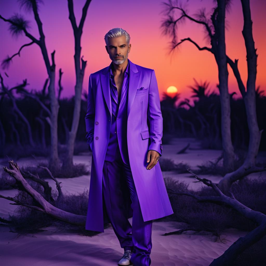 Stylish Man in Purple Suit at Sunset