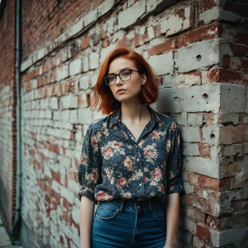 Young Woman with Red Hair and Glasses Leaning on Urban Brick Wall