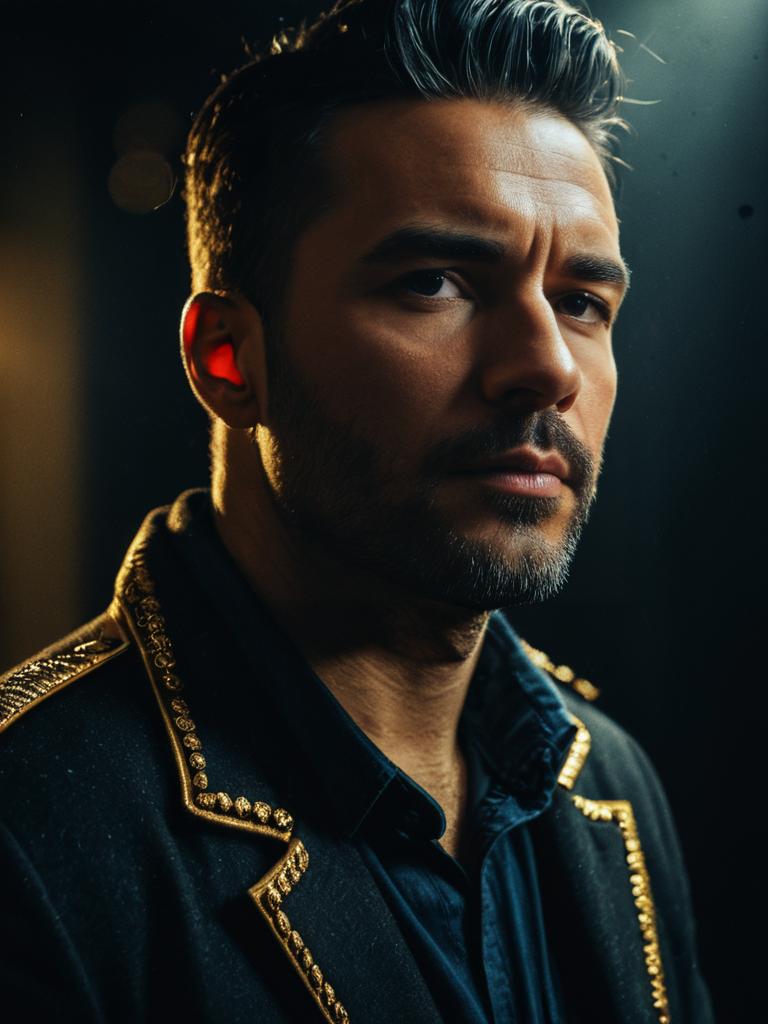 Man in Summer Casual Costume with Detailed Gold Embroidered Jacket Close Up Headshot