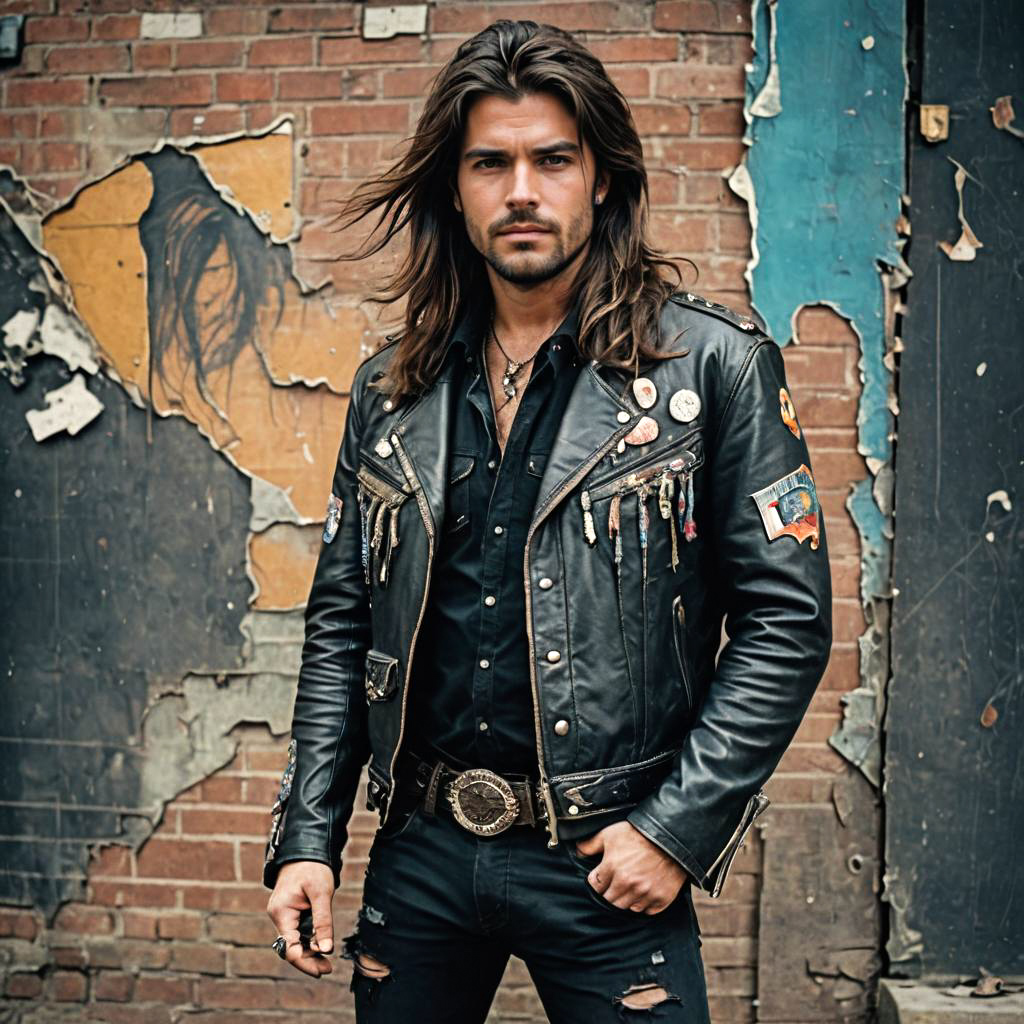 Confident Man in Black Leather Jacket Against Vintage Brick Wall