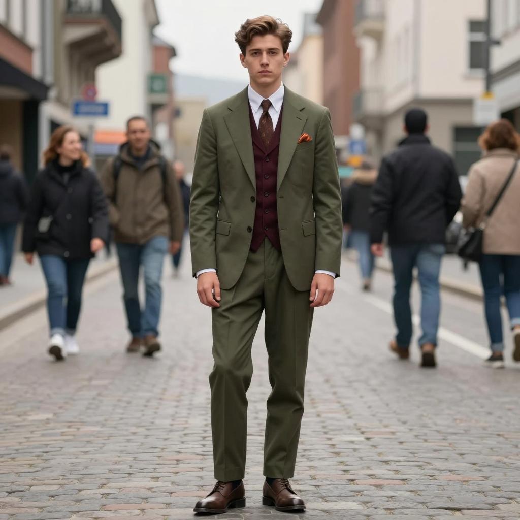 Young Man in Olive Green Suit and Burgundy Vest Walking on Cobbled Street