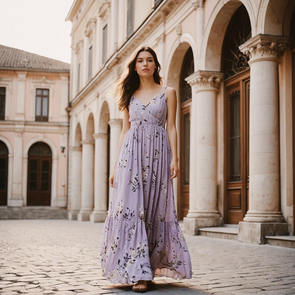 Woman in Lavender Floral Maxi Dress Walking in Historic Architectural Street