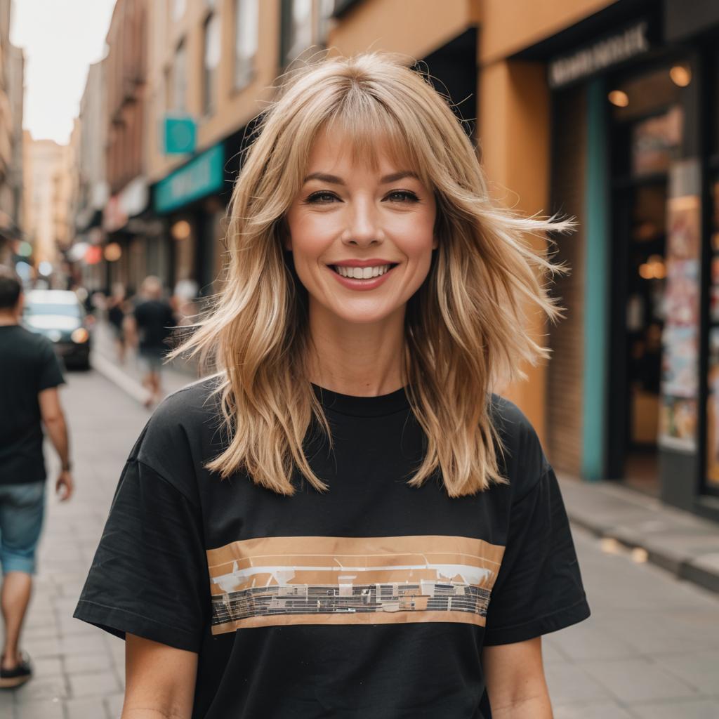 Blonde Woman Smiling on Urban Street Wearing Black Graphic T-Shirt