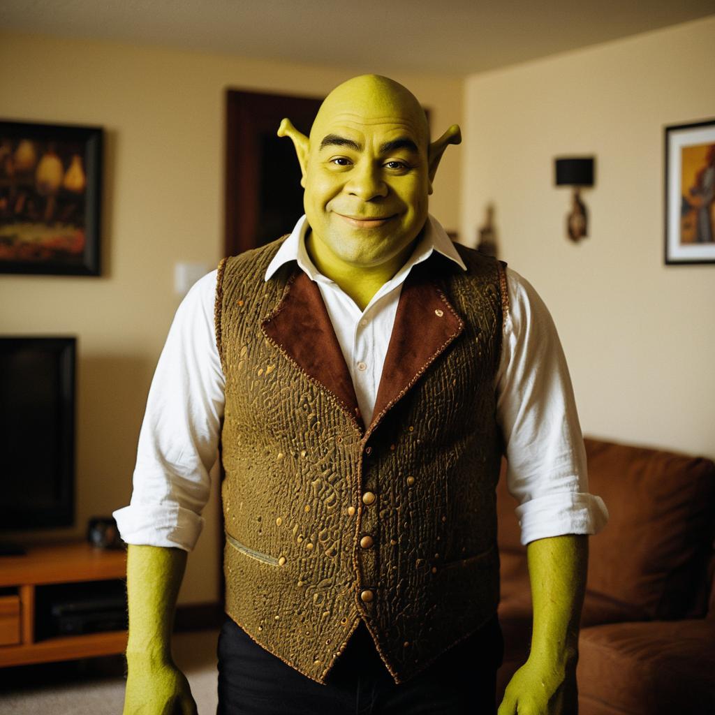 Green-skinned man with elf ears in cozy living room