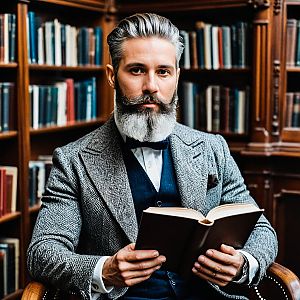 Distinguished Man in Library with Book