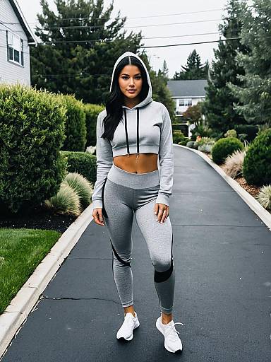 Woman in Grey Cropped Hoodie and Leggings on Outdoor Pathway
