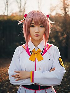 Realistic Woman Cosplaying Natsuki with Pink Hair and White Yellow Outfit