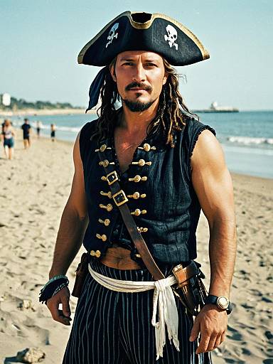 Man in Sleeveless Pirate Costume Photorealistic Outdoor Portrait on Beach