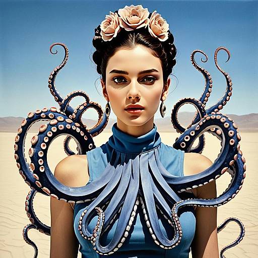 Surreal Portrait of Woman with Octopus Tentacle Dress and Floral Headpiece in Desert