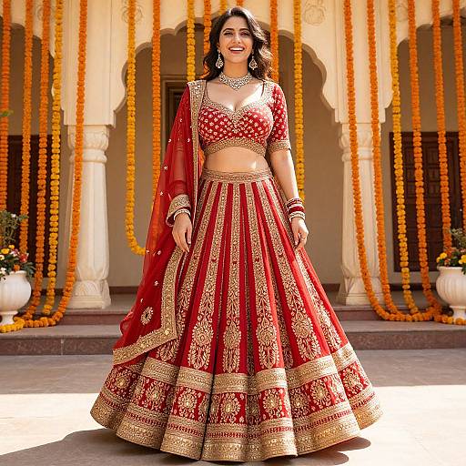 Traditional Red and Gold Indian Lehenga Outfit on Woman with Marigold Decorations