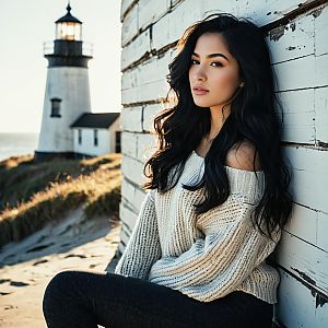 Young Woman by Lighthouse at Sunset