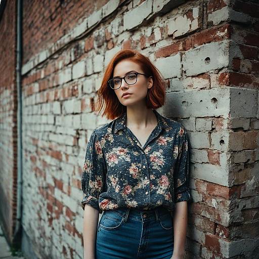 Young Woman with Red Hair and Glasses Leaning on Urban Brick Wall