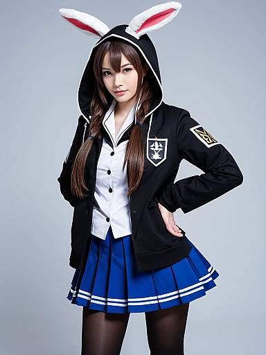 Amiya Arknights Cosplay Woman Bunny Ears Hoodie Blue Skirt Realistic