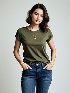 Woman in Casual Olive Green Round Neck T-Shirt with Rolled-Up Sleeves