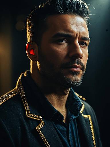 Man in Summer Casual Costume with Detailed Gold Embroidered Jacket Close Up Headshot