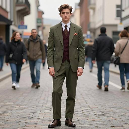 Young Man in Olive Green Suit and Burgundy Vest Walking on Cobbled Street
