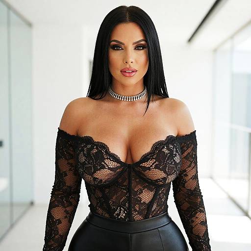 Elegant Woman in Black Lace Top and Leather Pants