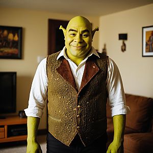 Green-skinned man with elf ears in cozy living room