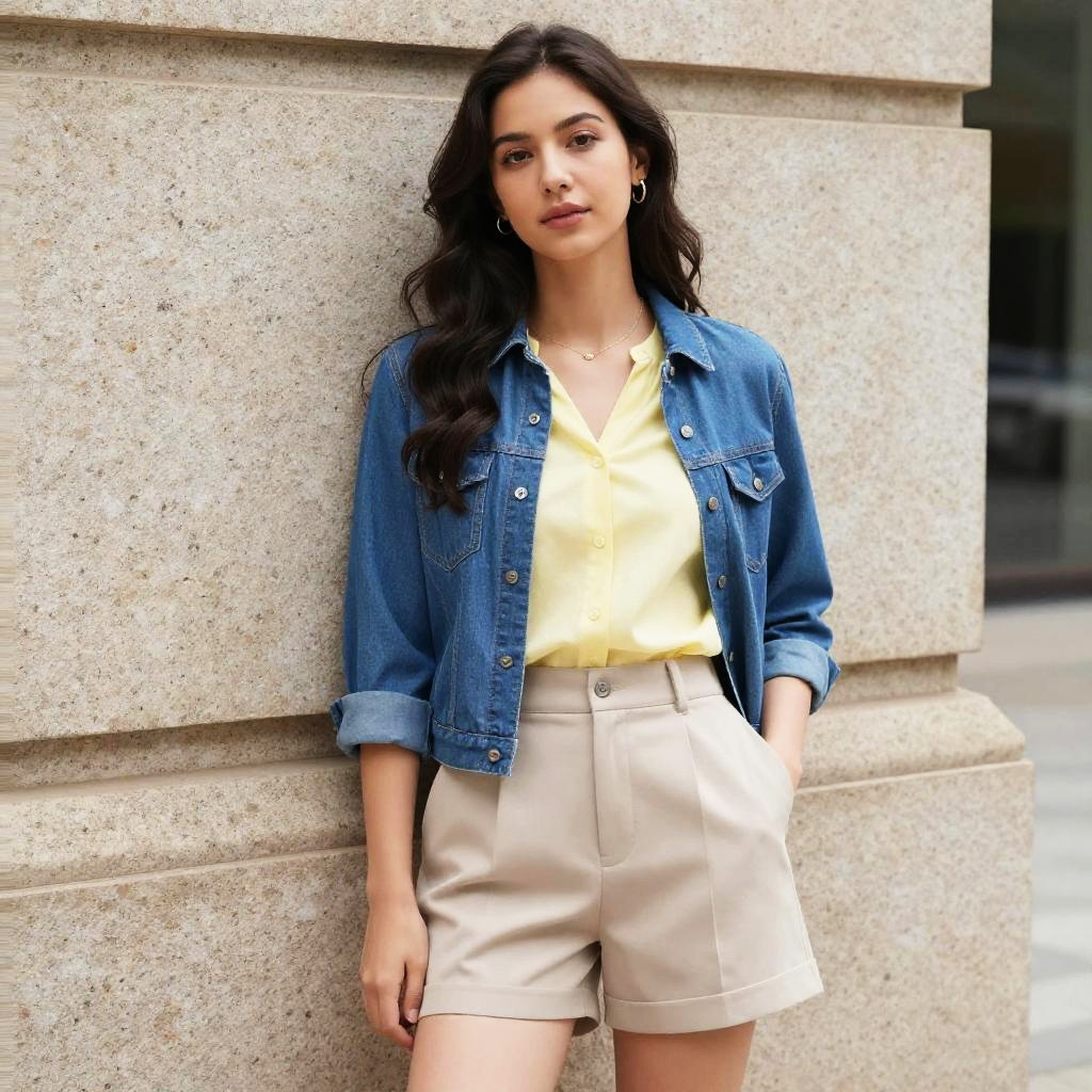 Young Woman in Denim Jacket and Beige Shorts - Gen Z Casual Fashion