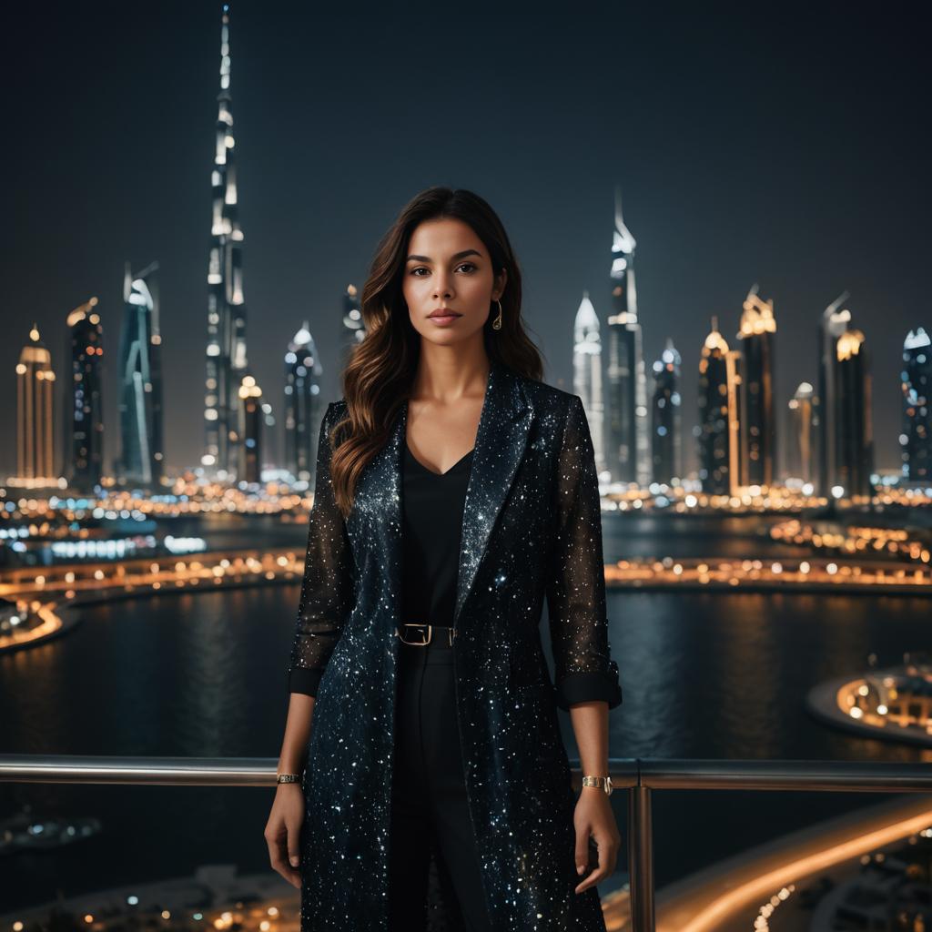 Woman in Stylish Evening Attire Against Dubai Night Skyline