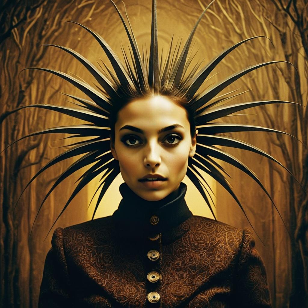 Woman with Spiked Feathered Headdress and Gothic Fashion Portrait