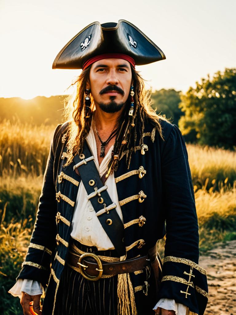 Man in Photorealistic Pirate Costume Outdoor Portrait Golden Hour
