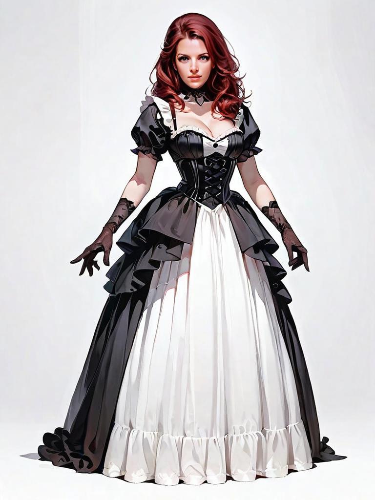 Woman in Gothic Burgundy Silk Corset Gown with Victorian Style