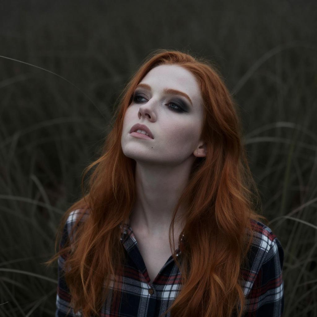 Thoughtful Red-Haired Woman with Smoky Makeup Wearing Plaid Shirt