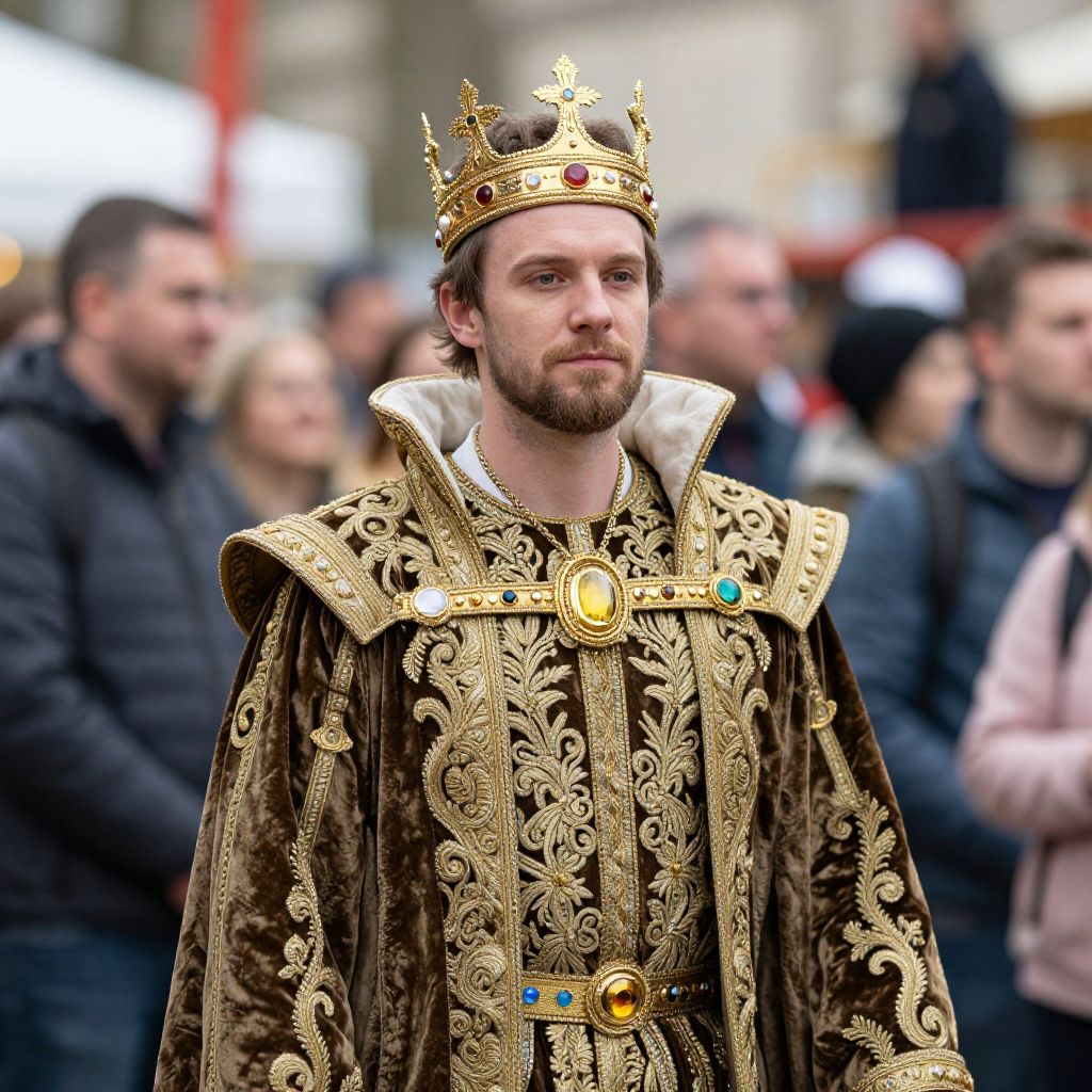 Man in Ornate Medieval Royal Costume with Gold Crown in Public