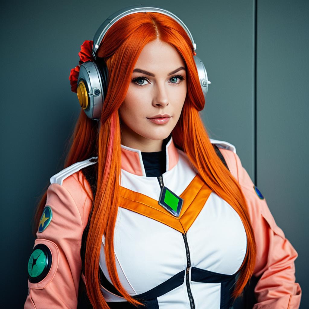 Futuristic Orange-Haired Woman in Sci-Fi Cosplay Outfit with Headset