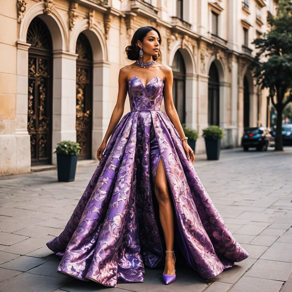 Elegant Woman in Purple Gown with Floral Patterns