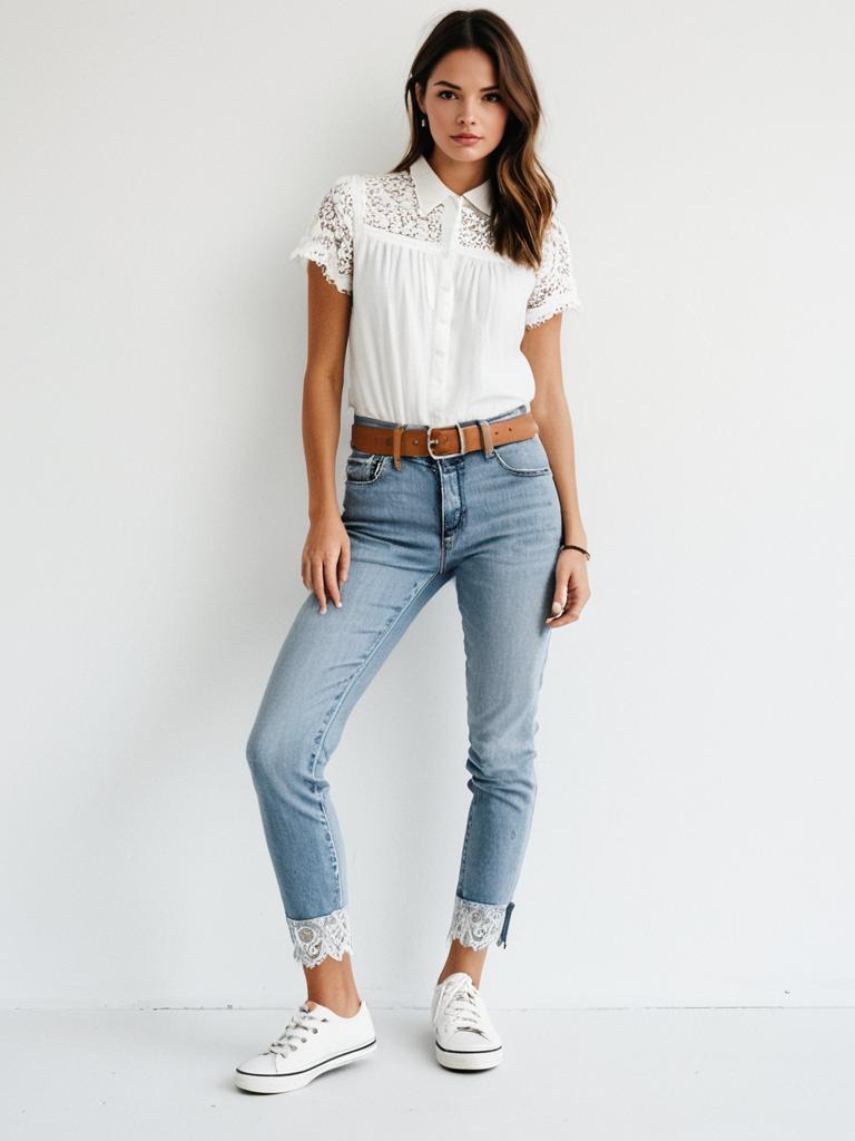 Woman Wearing White Lace Sleeve Blouse and Light Blue Lace Trim Jeans