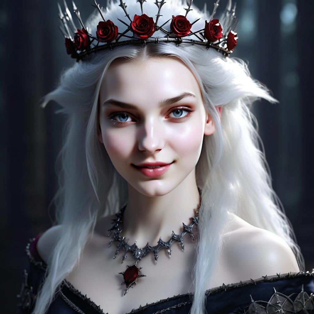 Gothic Woman with White Hair Wearing Red Rose Crown and Spiked Necklace