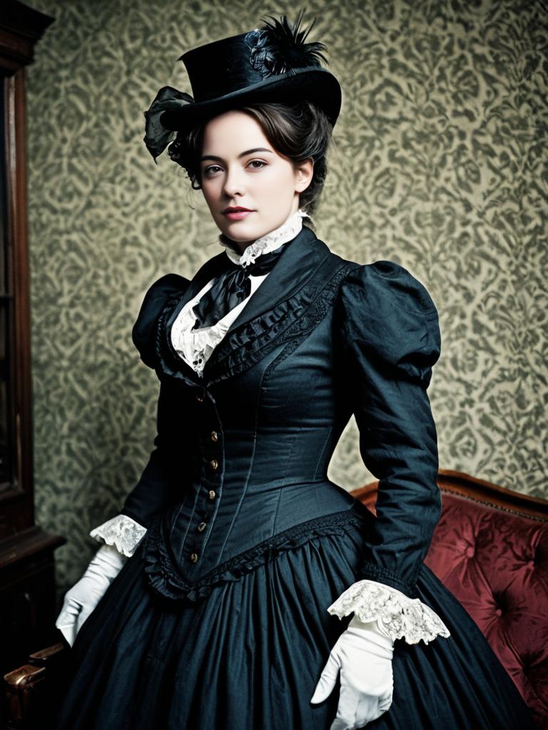 Victorian Era Woman in Elegant Black Dress and Hat