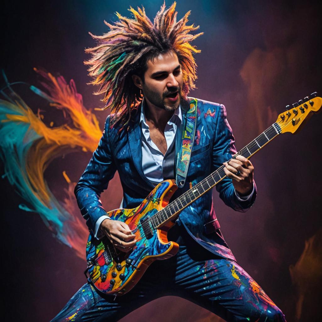 Artistic Man in Colorful Suit Playing Electric Guitar