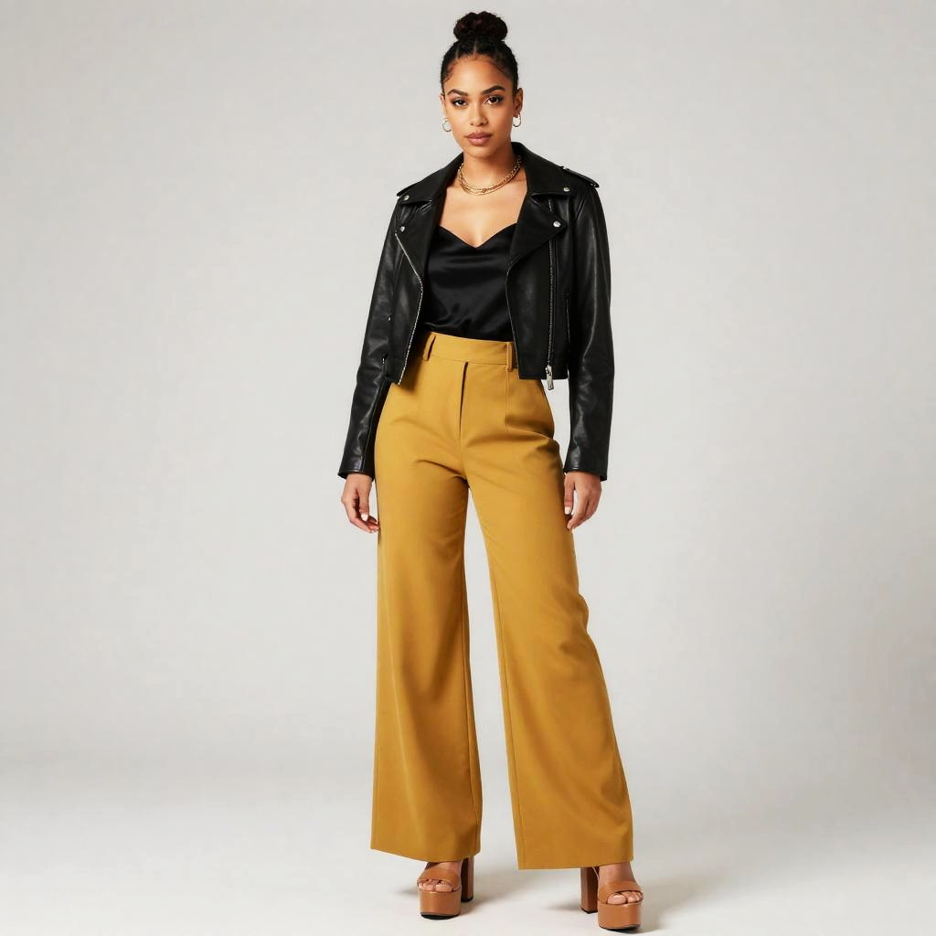 Gen Z Fashion Style Woman in Leather Jacket and Mustard Wide-Leg Pants