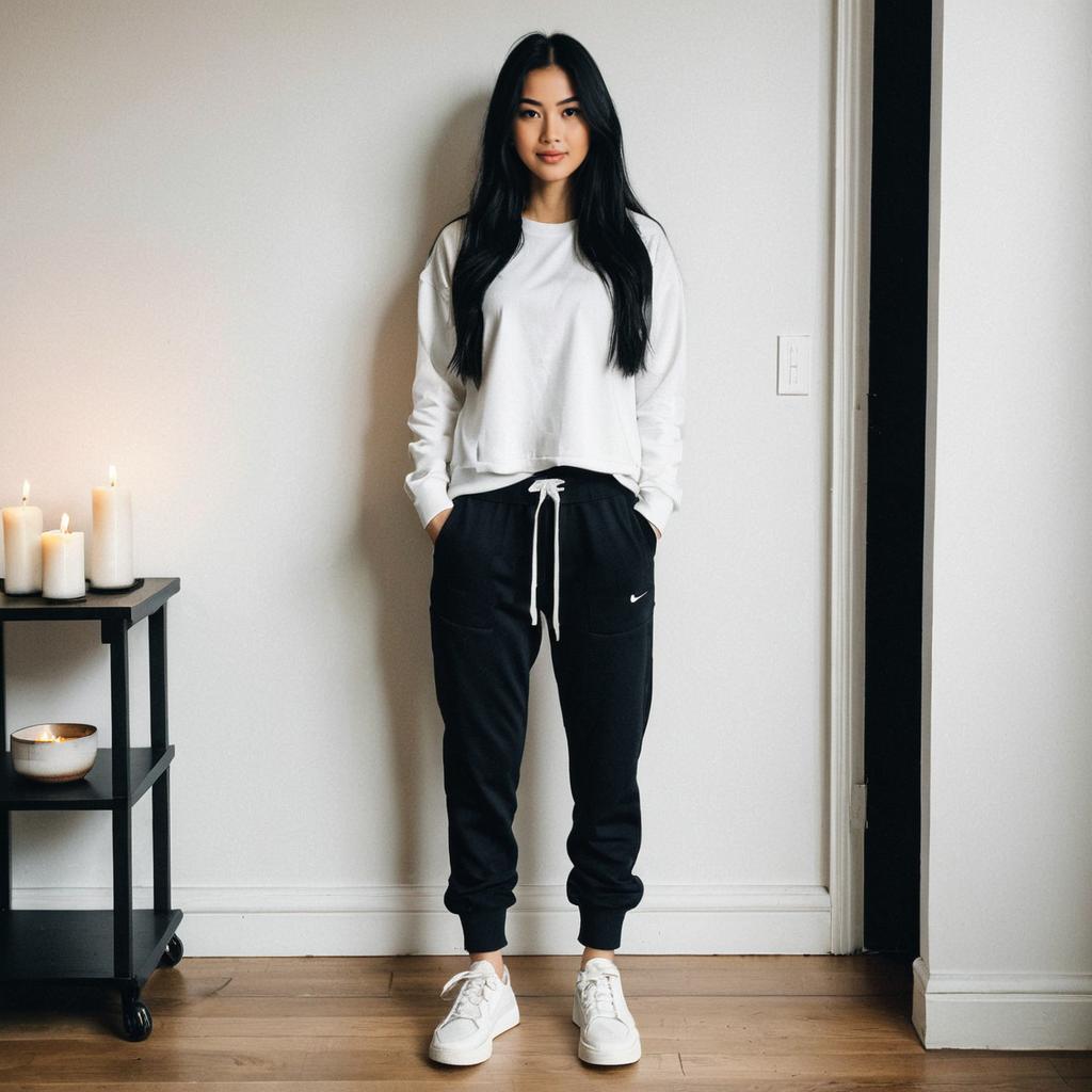 Woman in Athleisure Wear with White Sweatshirt and Black Joggers
