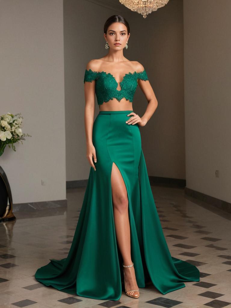 Elegant Woman in Green Two-Piece Gown with Lace Top