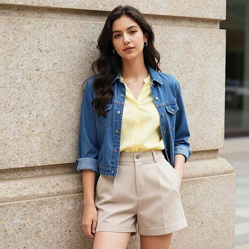 Young Woman in Denim Jacket and Beige Shorts - Gen Z Casual Fashion