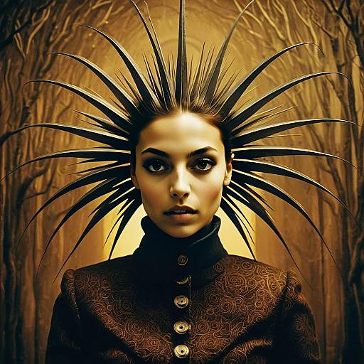 Woman with Spiked Feathered Headdress and Gothic Fashion Portrait